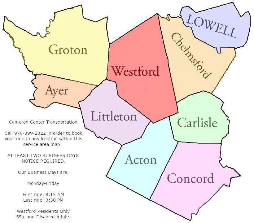 A map of the service area of the Cameron Center Transportation Program
