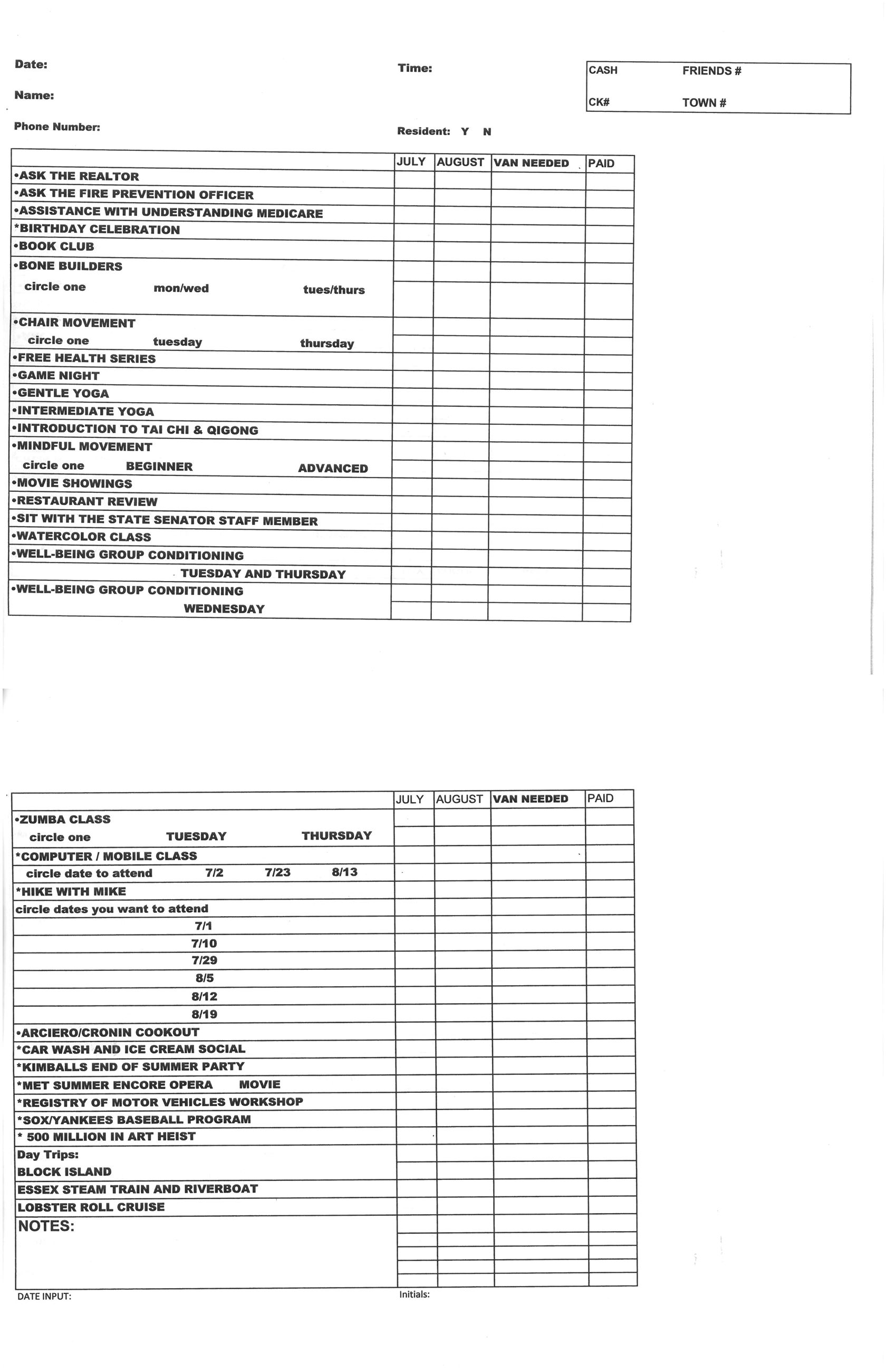 July August Signup Sheet