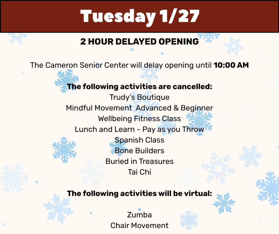Image announcing a 2 Hour Delay and program alterations